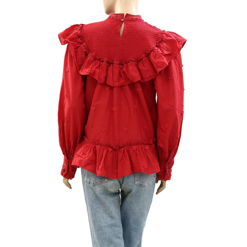 Farm Rio Anthropologie 3D Applique Blouse Top Ruffle Smocked Cotton S New 270972 3