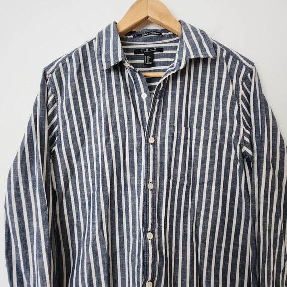 Forever 21 Men's Striped Button Down Shirt Blue White Cotton Linen Look XS 3