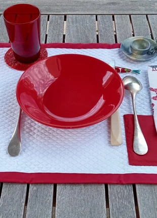 Sets de table rouge blanc + serviettes imprimées poules - salle à manger repas cuisine maison déco, marque: Fait Main, état: Comme neuf, 6,00 €, 7,00 € Protection acheteurs incluse