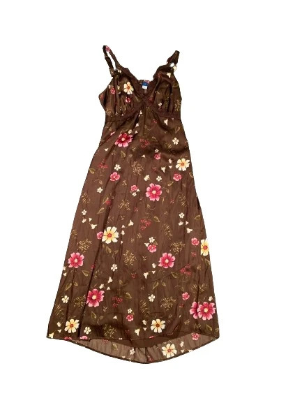 Old Navy Lace-Trimmed Satin Cami Shift Dress Size Medium Floral Pink Brown 1