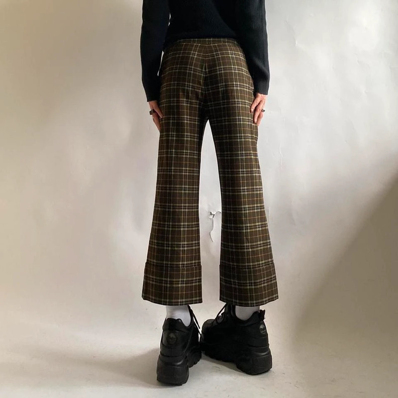 Vintažinės ( vintage brown/khaki checkered flared pants/trousers) languotos kelnės 4