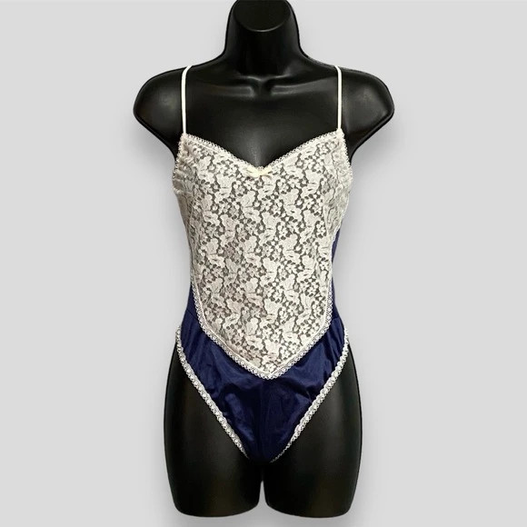 Vintage Private Moments Dark Blue & White Lace Teddy Bodysuit Lingerie 1