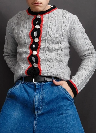 Cardigan / Gilet Femme Vintage 80s en Maille Gris / Rouge à Motifs Torsades (S), brand: Vintage Dressing, condition: Very good, size: S / 36 / 8, €22.00, €23.80 includes Buyer Protection Pro