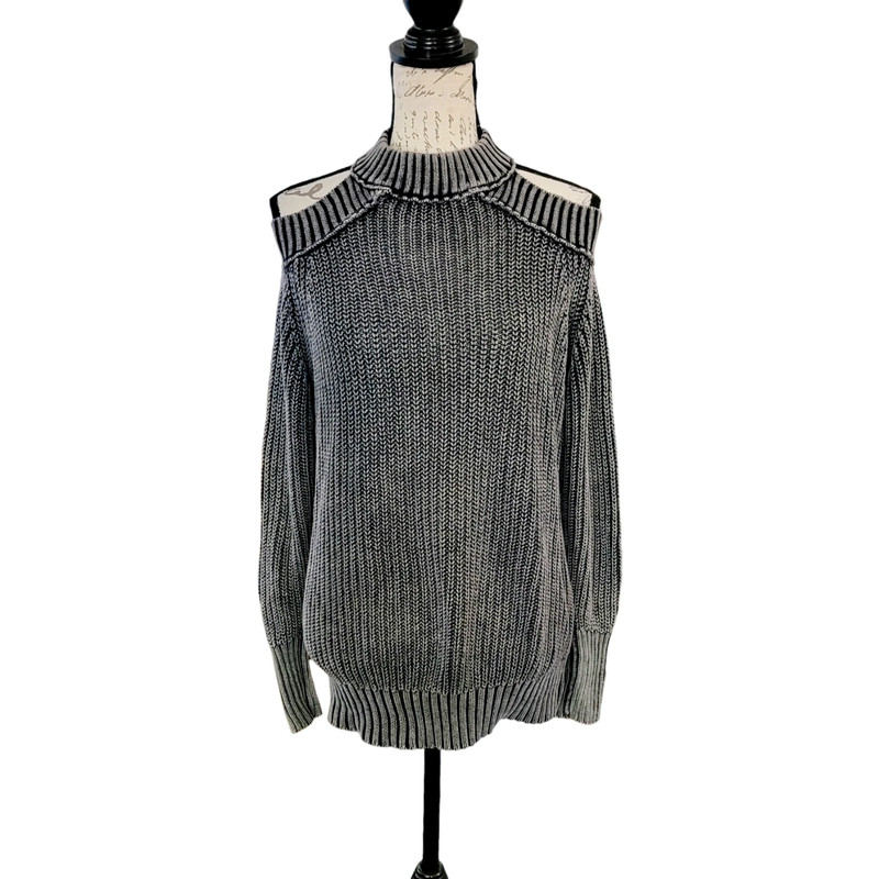 Free People XS Grey Vintage Wash Ribbed Open Shoulder Sweater 1