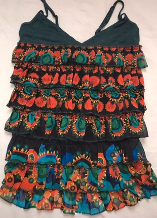 Top desigual con spalline e rouches a fantasia afro estiva, marque: Desigual, état: Très bon état, taille: S / 36 / 8, 5,00 €, 5,95 € Protection acheteurs incluse