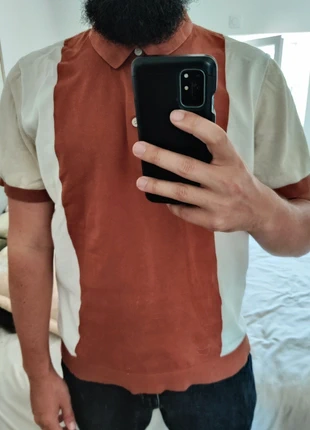 Polo texturé H&M homme regular L marron chocolat crème beige coton, marque: H&M, état: Très bon état, taille: L, 6,00 €, 7,00 € Protection acheteurs incluse