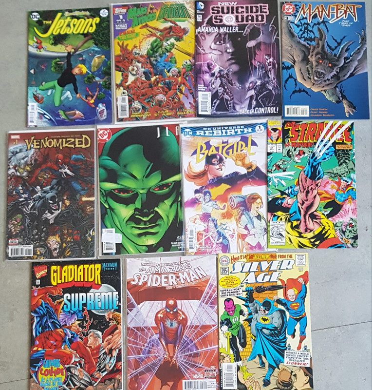 28 comics, dc justice league, batman, spider-man, shazam, harley