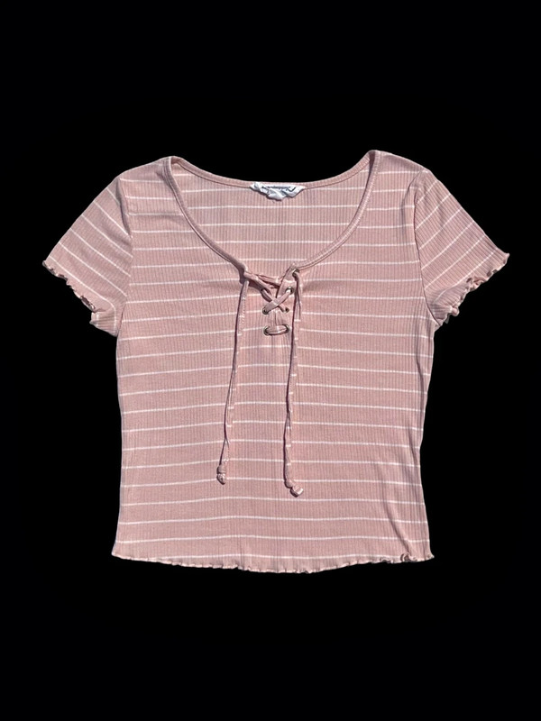 Hippie Rose Size XS Pink Striped Lace Up Cropped Tee 1