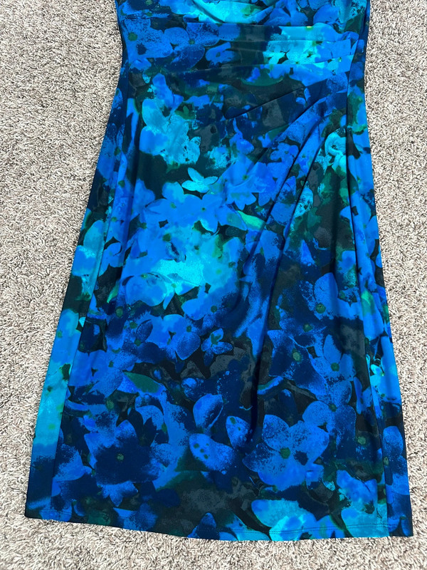 Ralph Lauren Blue Floral Cowl Drape Neck Side Ruched Sleeveless Dress Women’s 8 3