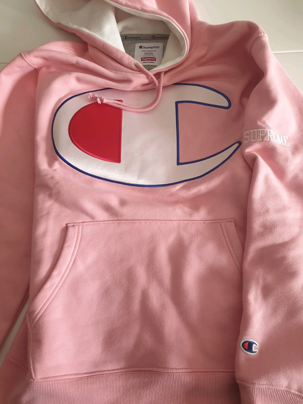 Supreme Champion Satin Logo Hoodie Pink Size M