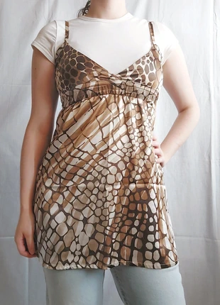 Top comprido / Mini Vestido com alças e efeito acetinado com padrão girafa vintage, marca: Vintage, estado: Muito bom, tamanho: S / 36 / 8, €5.00, €5.95 inclui Proteção do Comprador