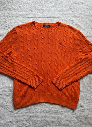 Pull à maille tressée torsadé Col rond Ralph Lauren femme - Couleur orange logo brodé bleu marine, marque: Ralph Lauren, état: Très bon état, taille: L / 40 / 12, 35,00 €, 37,45 € Protection acheteurs incluse