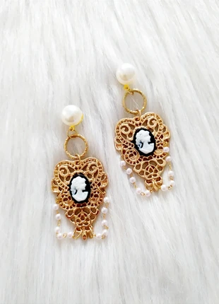 Boucles d’oreilles pendantes camée gothique baroque Renaissance fait main perles cabochon noir, marque: Baroque, état: Neuf avec étiquette, 18,00 €, 19,60 € Protection acheteurs incluse