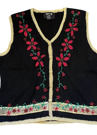 Black gold Christmas cardigan waistcoat poinsettias beaded embroidered size 12 14, brand: Studio Joy, condition: Very good, size: M / UK 12-14, £25.00, £26.95 includes Buyer Protection