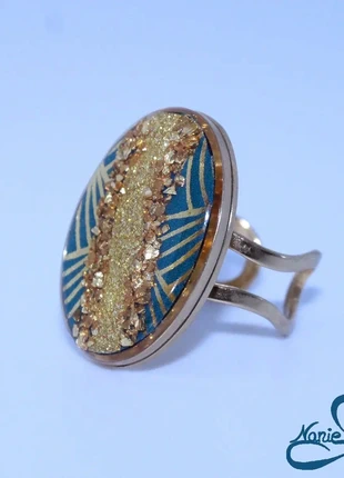 Bague ovale dorée et verte !!, merk: Fait Main, staat: Nieuw zonder prijskaartje, maat: Aanpasbaar, € 9,00, € 10,15 inclusief Kopersbescherming
