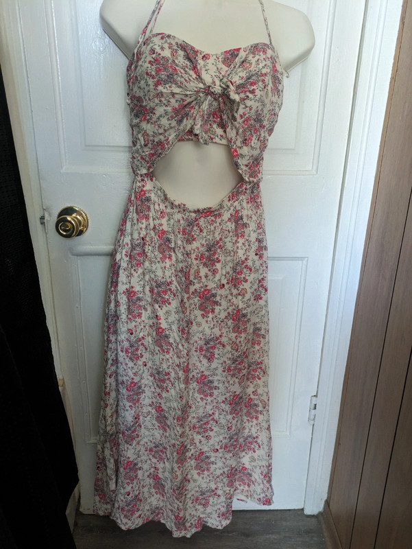 WAYF Pink Floral Boned Tie Halter Maxi Dress XS 1