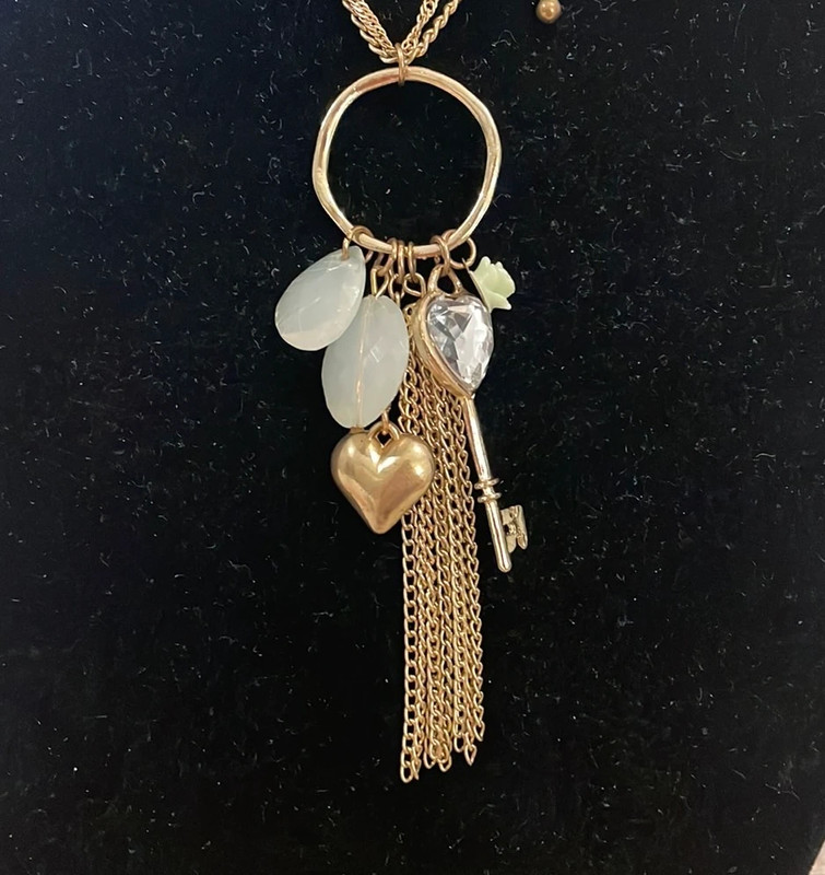 Vintage Gold Tone Heart Key Tassel Chain Long Pendant Statement Necklace 3