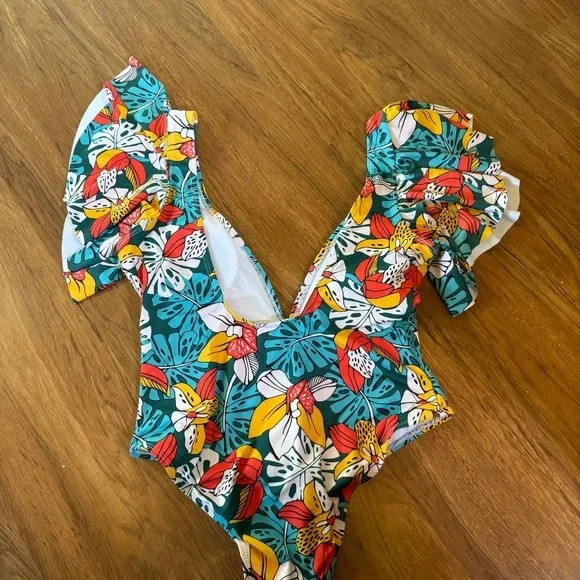 Tropical Print Ruffle Sleeve Plunging Swimsuit 2