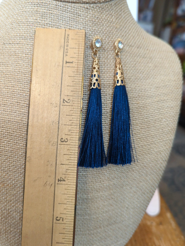 Earrings dark blue Fringe gold tone hardware rhinestones. 3.5 in Long. 3