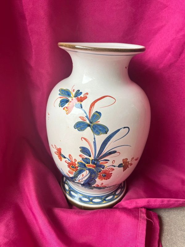 Vase peint à la main faïence vintage fleurs bleu blanc rouge 3