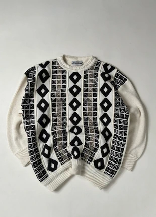 Pull vintage à motif jacquard géométriques losange blanc et noir / jacquard vintage sweater, brand: Vintage Dressing, condition: Very good, size: L, €21.80, €23.59 includes Buyer Protection Pro