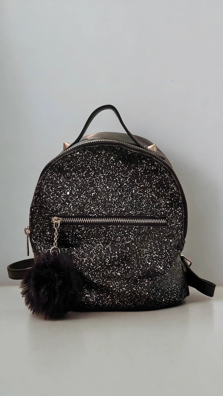 Black Glitter Faux Leather Mini Backpack with Pom-Pom Charm & Zippered Pockets 1