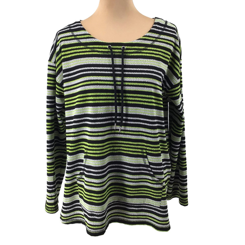 Ruby Rd Top Size XL Green Black White Stripe Drawstring Necklace Stretch 1