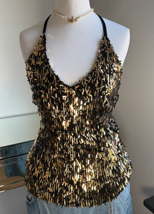 Vintage Y2K Pailletten gold glitzer neckholder top ibiza made in italy, merk: Vintage Dressing, staat: Heel goed, maat: S / 36 / 8, € 35,00, € 37,45 inclusief Kopersbescherming