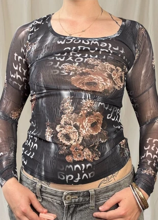 2000s Vintage Italian Grey White Brown Graphic Mesh Long Sleeve, condition: Very good, size: S / UK 8-10, £24.99, £26.94 includes Buyer Protection