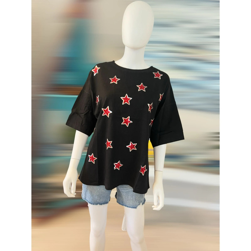 Sequin stars black tunic tee size large 1