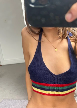 Knit/crochet navy cropped backless halter top with red, yellow and green from Topshop, brand: Topshop, condition: Very good, size: M / 38 / 10, €12.00, €13.30 includes Buyer Protection