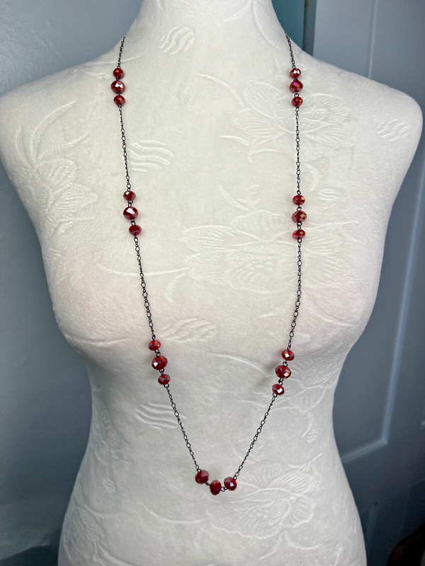 Red Aurora Borealis Faceted Crystal Glass Beaded Necklace Long 1