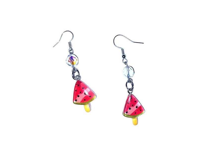 Watermelon Slice Acrylic Charm Clear Glass Beaded Accent Dangle Drop Earrings