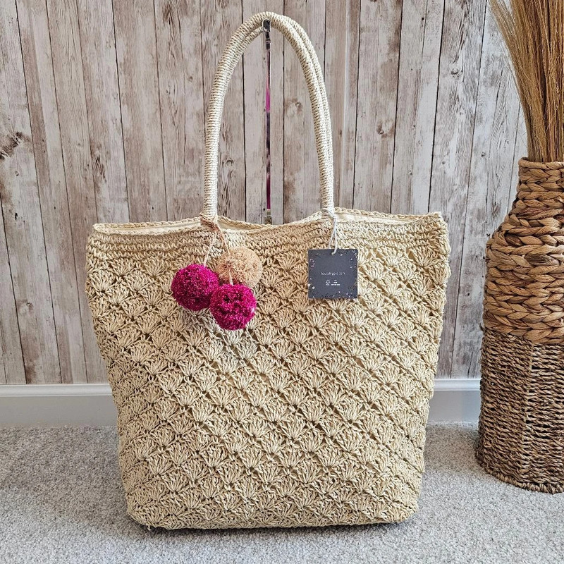 Haute hippie Beige Straw Tote Bag with Pink Pom Poms