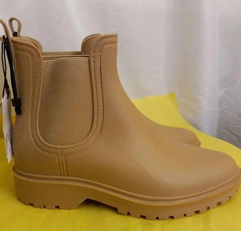 Zara Womens Tan Elastic High Ankle  Rubber Waterproof Rain Boots Size 7 1/2 2