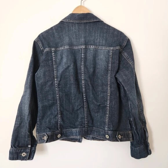 Chico's Platinum Denim Jacket Dark Wash Blue Button Front Stretch Medium 1 2