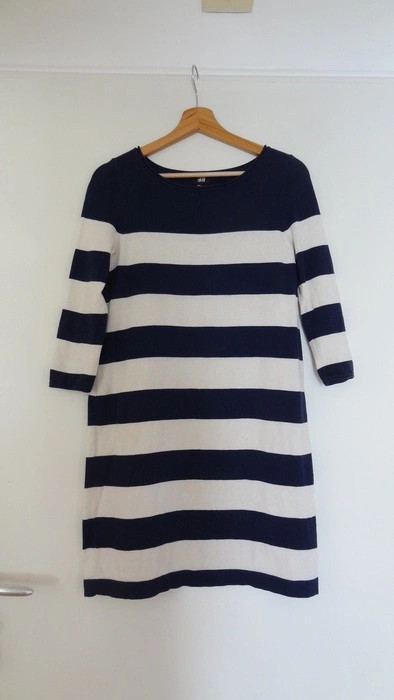 Robe pull H&M 100% coton style marinière rayée bleu blanc taille S manches 3/4 2