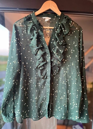 Chemisier blouse fluide léger transparent vert à pois blanc jaune H&M Taille 44, marque: H&M, état: Très bon état, taille: XXL / 44 / 16, 11,00 €, 12,25 € Protection acheteurs incluse