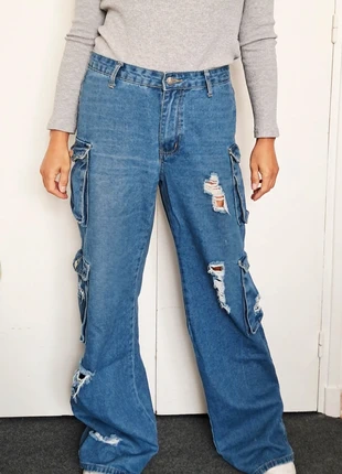 👖 Jean large carpenter troué denim bleu moyen L, staat: Heel goed, maat: L / 40 / 12, € 8,00, € 9,10 inclusief Kopersbescherming
