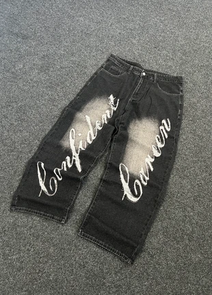 Jeans baggy streetwear noir délavé broderie filament blanc écriture style vintage y2K, marke: y2k, zustand: Sehr gut, größe: XL, 29,99 €, 32,19 € inklusive Vinted-Käuferschutz