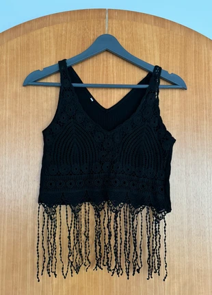 Schwarz Trägerhemd mit Fransen Details, condizioni: Ottime, taglia: Taglia unica, €3.00, €3.85 include la Protezione acquisti