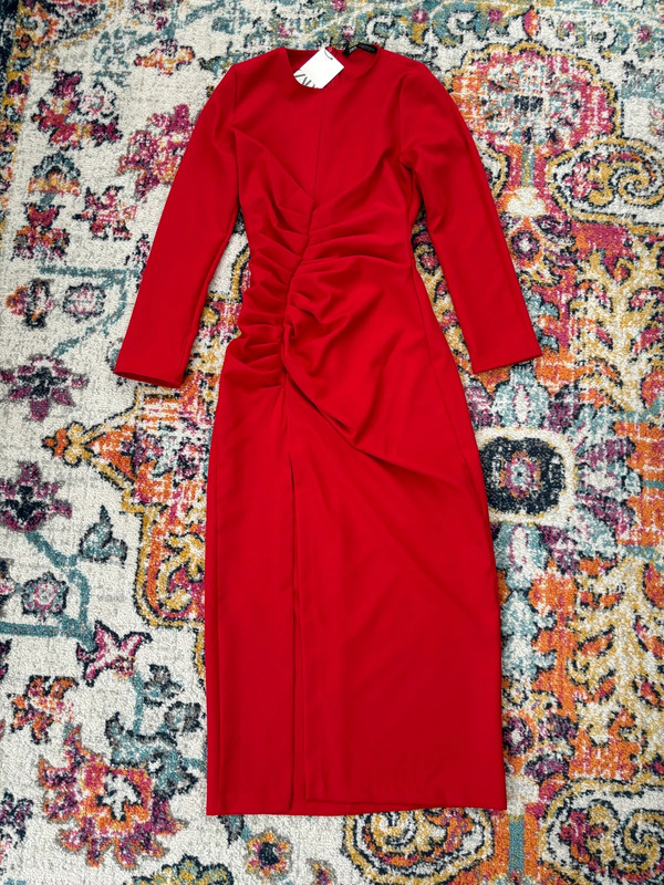 ZARA Red Ruched Slit Leg Dress 1