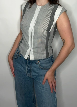 1970s grey White striped siren archive scandi Stockholm copenhagen retro streetwear fitted blouse, marque: Vintage, état: Très bon état, taille: S / 36 / 8, 12,50 €, 13,83 € Protection acheteurs (Pro) incluse