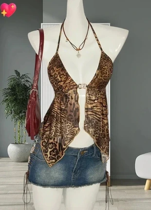 Top dos nus motifs léopard retro Y2K avec encolure et ourlet fendu taille L (ref 113), merk: y2k, staat: Nieuw zonder prijskaartje, maat: L / 40 / 12, € 13,60, € 14,98 inclusief Kopersbescherming