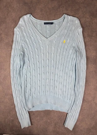 Pull En Col V Torsadé | Tressé Ralph Lauren Bleu Ciel | Logo Brodé jaune | Taille XL Femme, merk: Ralph Lauren, staat: Heel goed, maat: XL / 42 / 14, € 43,90, € 46,80 inclusief Kopersbescherming