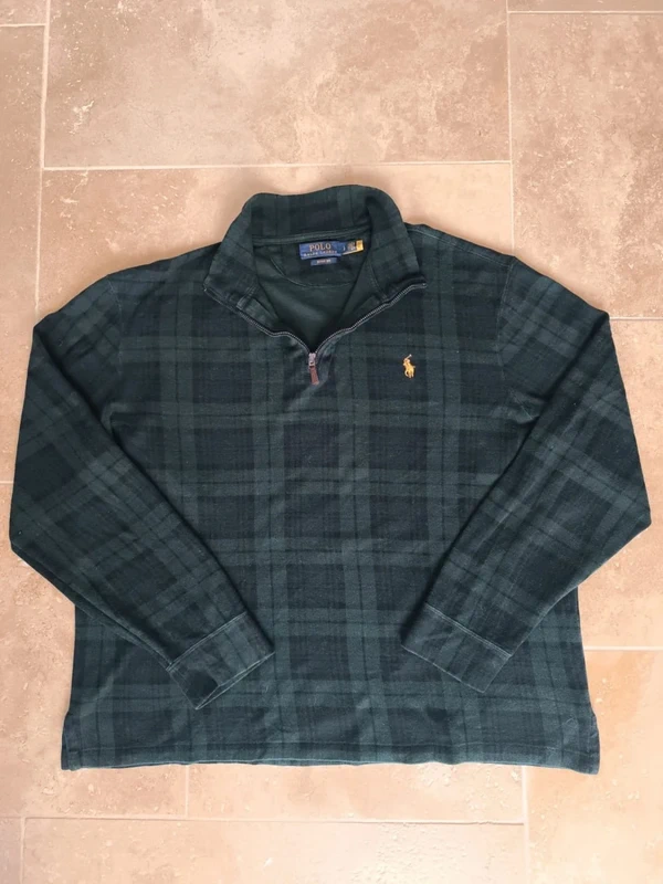 Pull quart Zip homme écossais L Ralph Lauren vert motif carreaux logo jaune excellent état - photo numéro 2