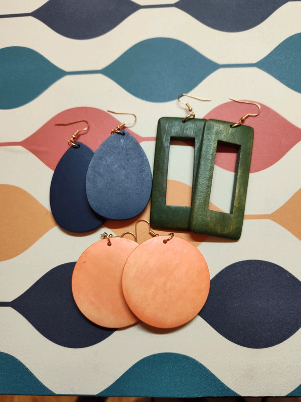 3 Pair of Colorful Wood Earrings Jewelry