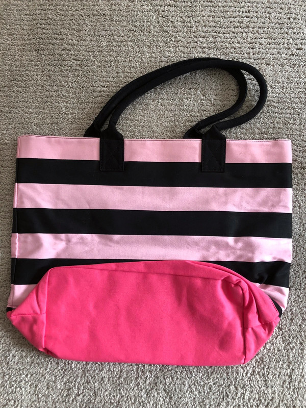 Victoria Secret Black and Pink Striped Canvas Shopper Tote 