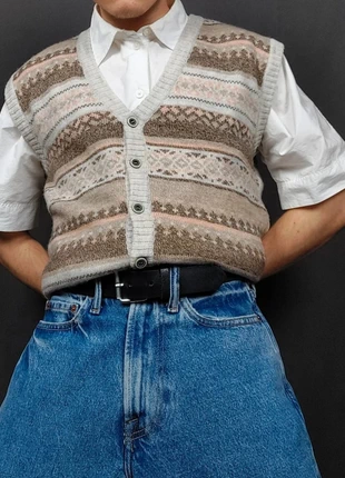 Cardigan / Gilet sans Manches Vintage 80s en Maille Beige Multicolore Motifs Imprimé 60% Mérinos (S), marca: Vintage Dressing, estado: Muito bom, tamanho: S, €21.00, €22.75 inclui Proteção do Comprador Pro