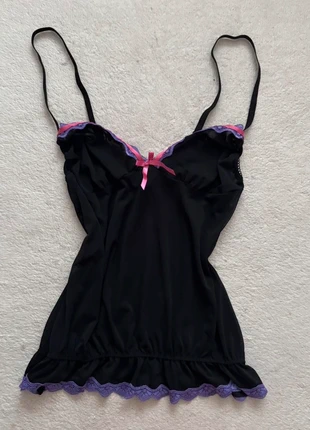 Black y2k sheer mesh cami top with purple & pink details, brand: Ann Summers, condition: Very good, size: M / 10, £18.00, £19.60 includes Buyer Protection Pro